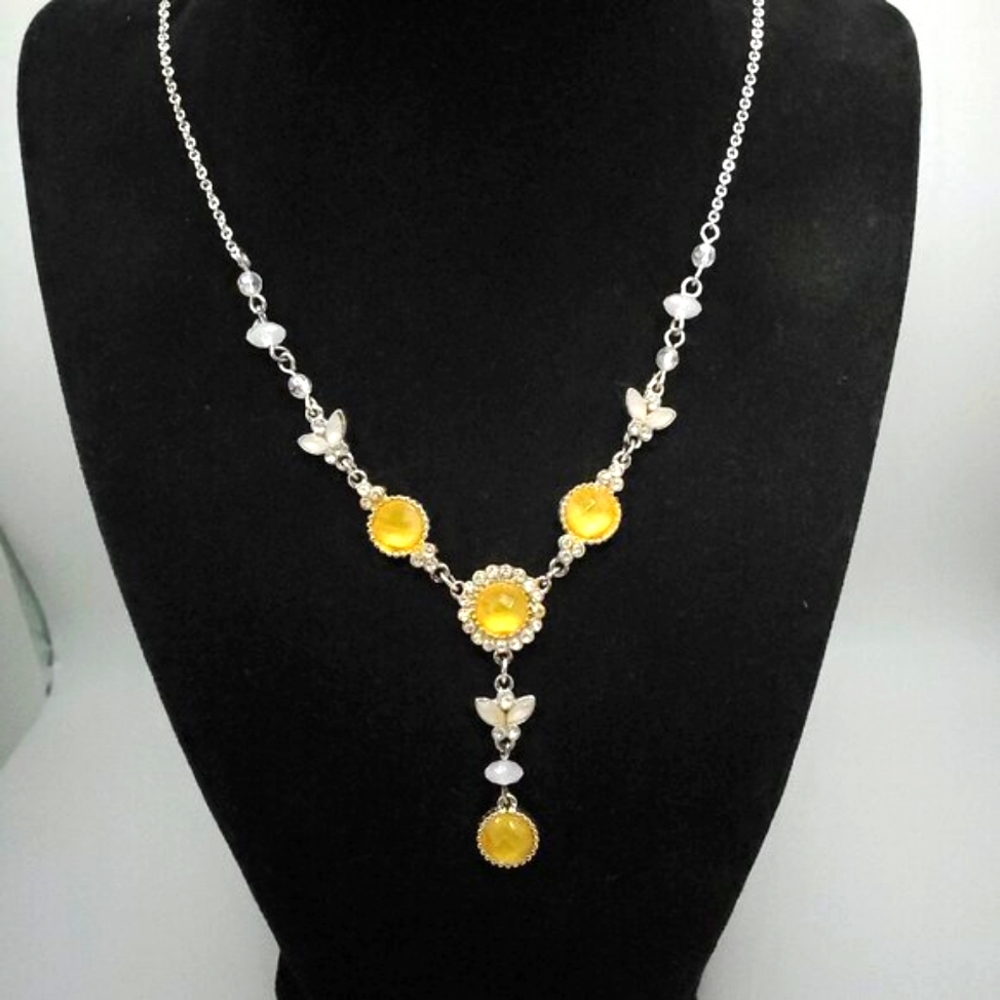 Avon Silver & Yellow Jewel Butterfly "Y" Drop Necklace, Good